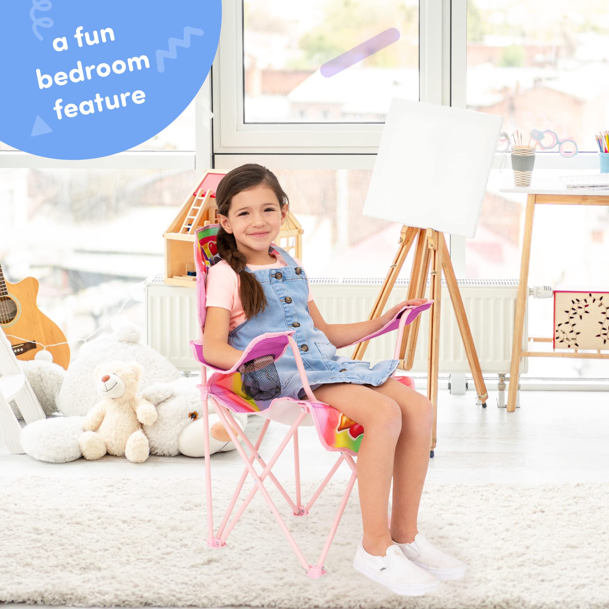 Toy To Enjoy chair next to backpack shows compact folded size for travel