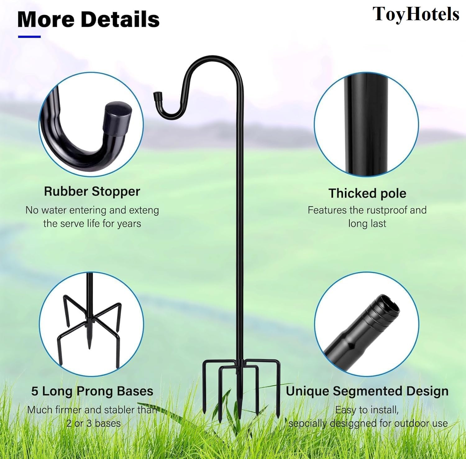 ToyHotels five-prong base detail illustrating stable ground anchoring benefit
