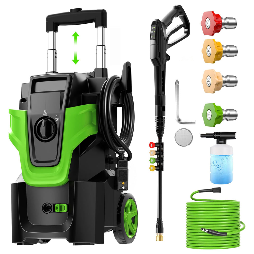 Toyqqeow front view of green pressure washer showing controls and frame, easy mobility