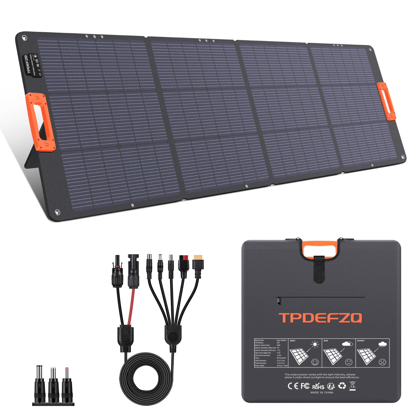 TPDEFZQ front view of 200W foldable solar panel showing cells and frame benefit fast charging