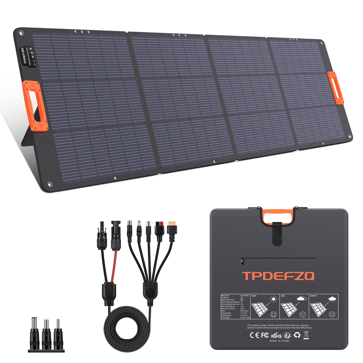 TPDEFZQ front view of 200W foldable solar panel showing cells and frame benefit fast charging