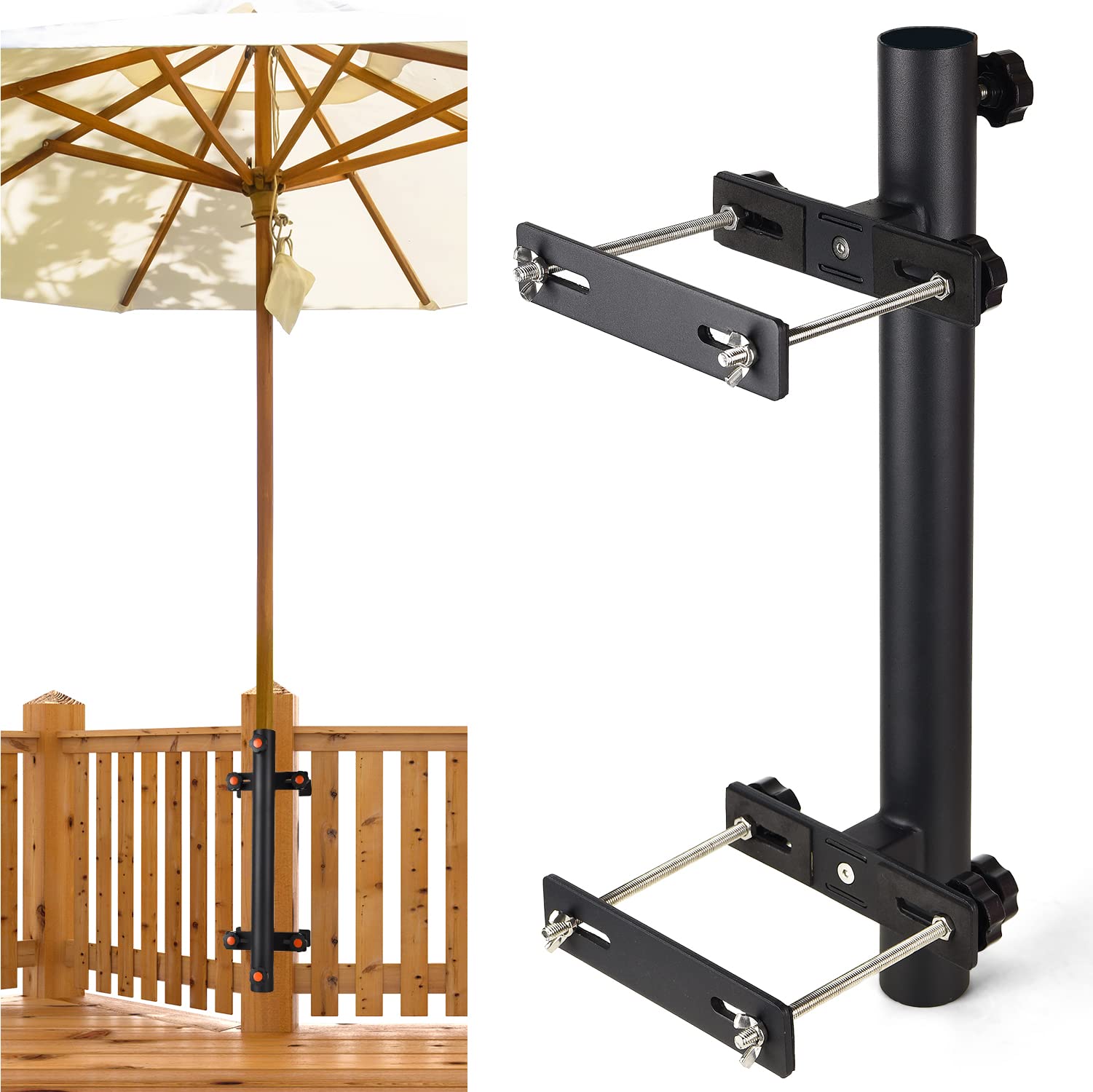 TPHUC front view clamped to railing showing secure attachment and space saving