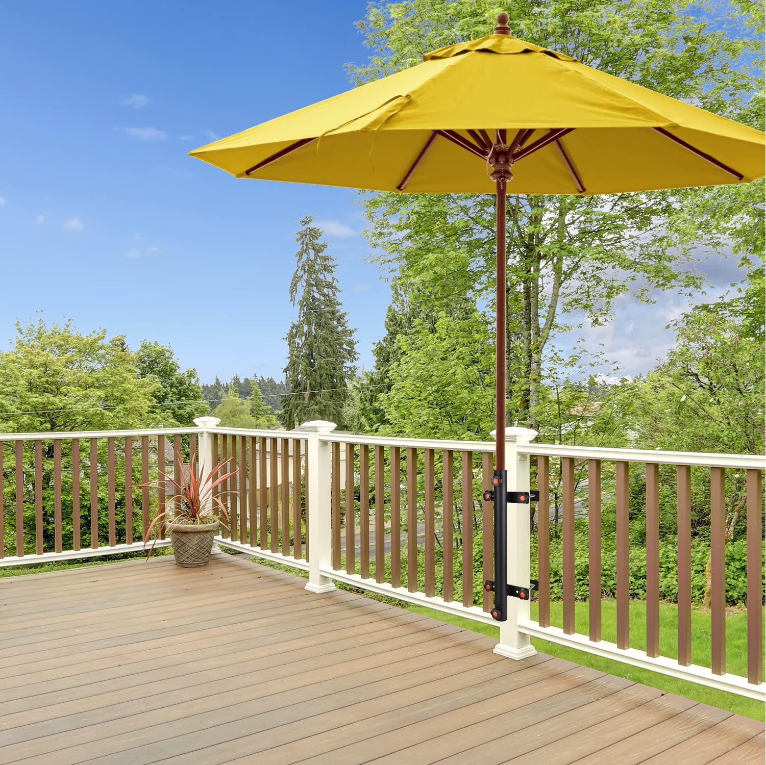 TPHUC lifestyle deck setting with umbrella showing comfortable shaded seating