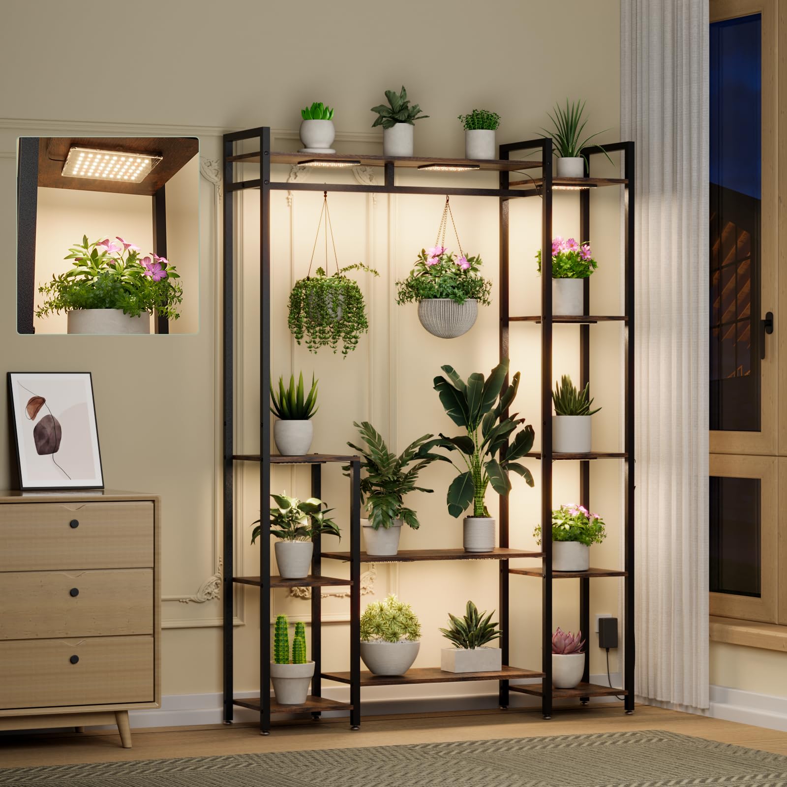 TQFLXUJO front view showing 11 tiers and many plants, clean display benefit