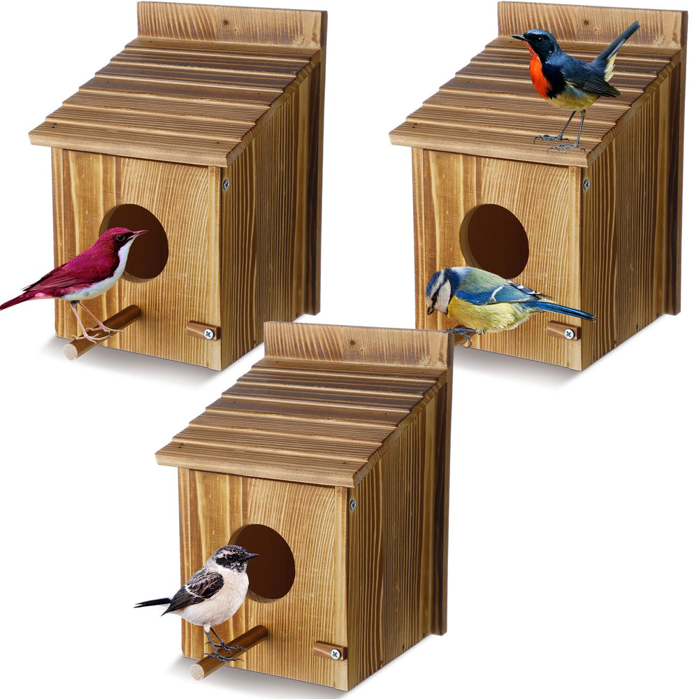 Tradder front view of three bird houses showing durable wood and design benefits