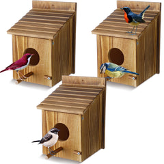 Tradder front view of three bird houses showing durable wood and design benefits