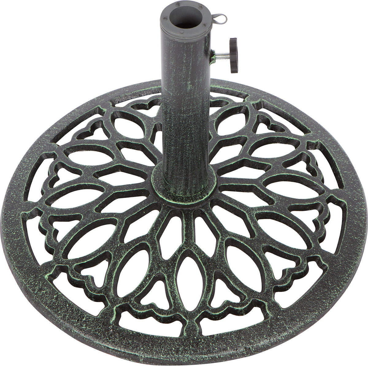 Trademark Innovations green cast iron umbrella base front view for stable outdoor shade
