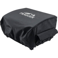 Traeger full-length cover on grill front view protects from weather and simplifies storage