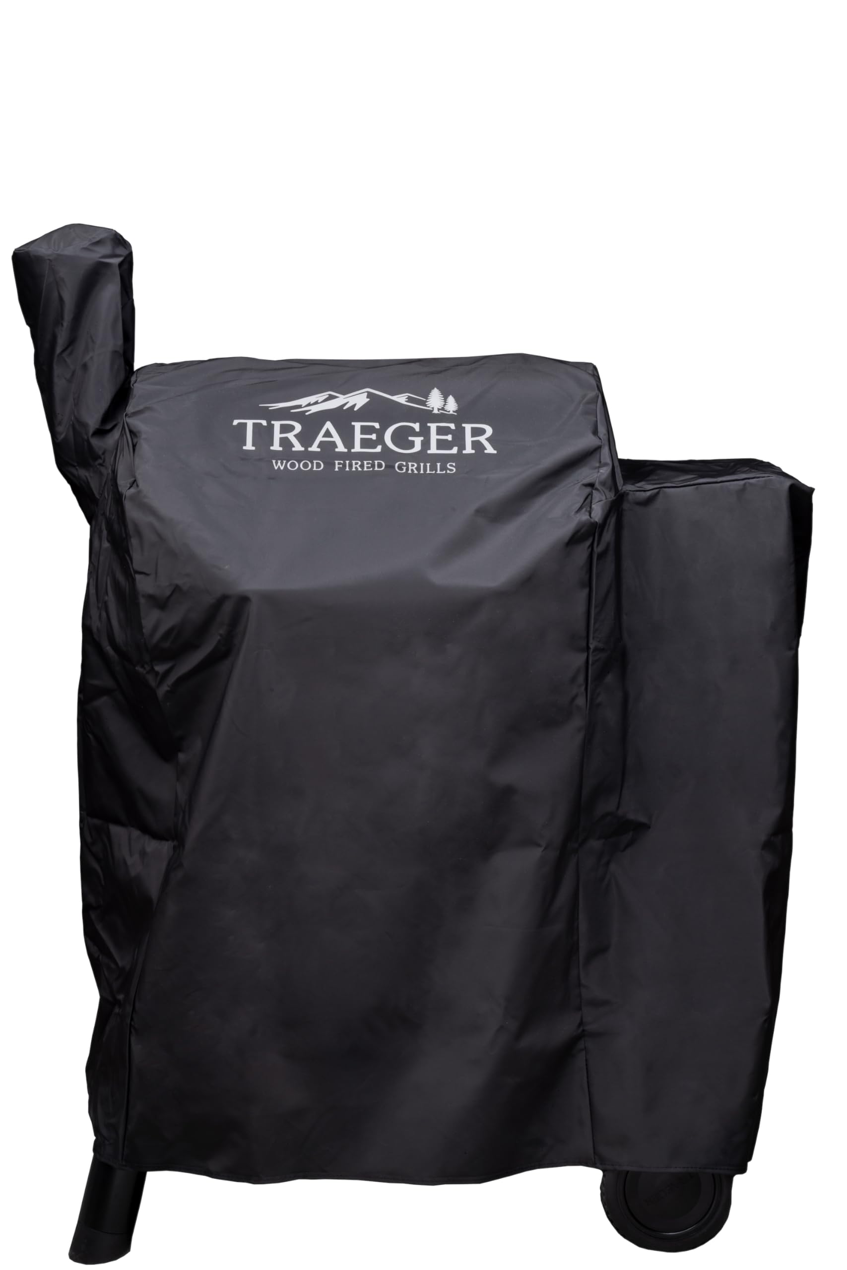 Traeger BAC503 front view showing full-length black cover protecting grill from weather