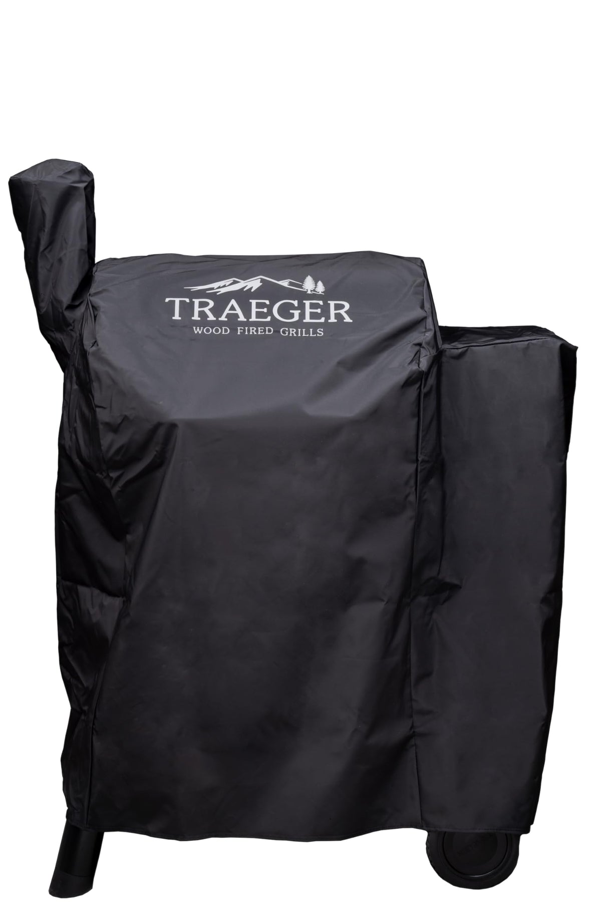 Traeger BAC503 front view showing full-length black cover protecting grill from weather
