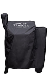 Traeger BAC503 front view showing full-length black cover protecting grill from weather