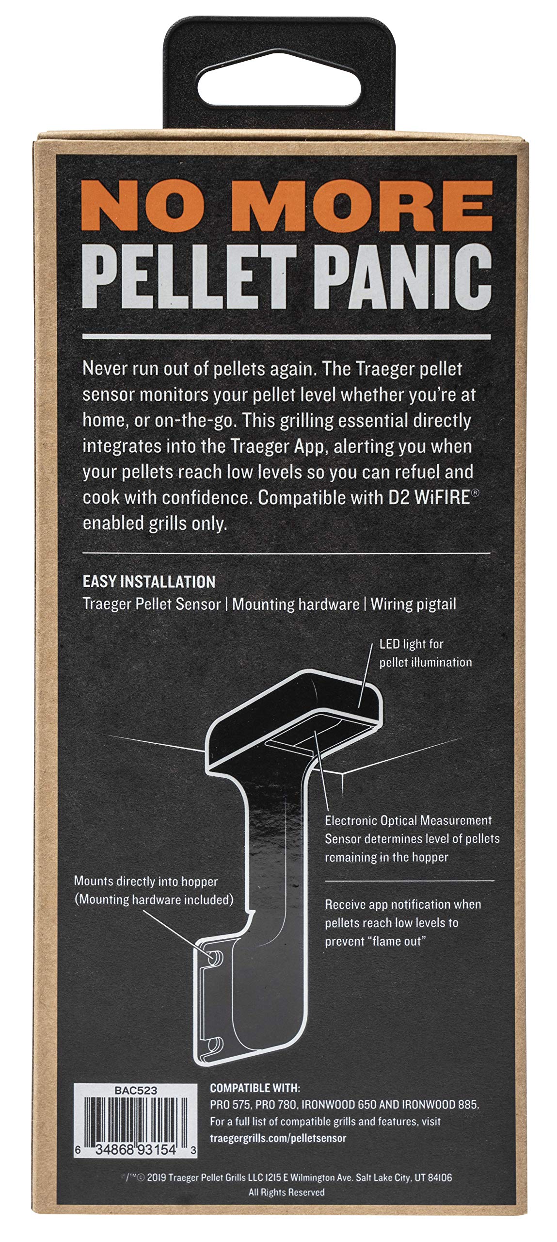 Traeger BAC523 mounted inside hopper with pellets, ensures continuous pellet tracking