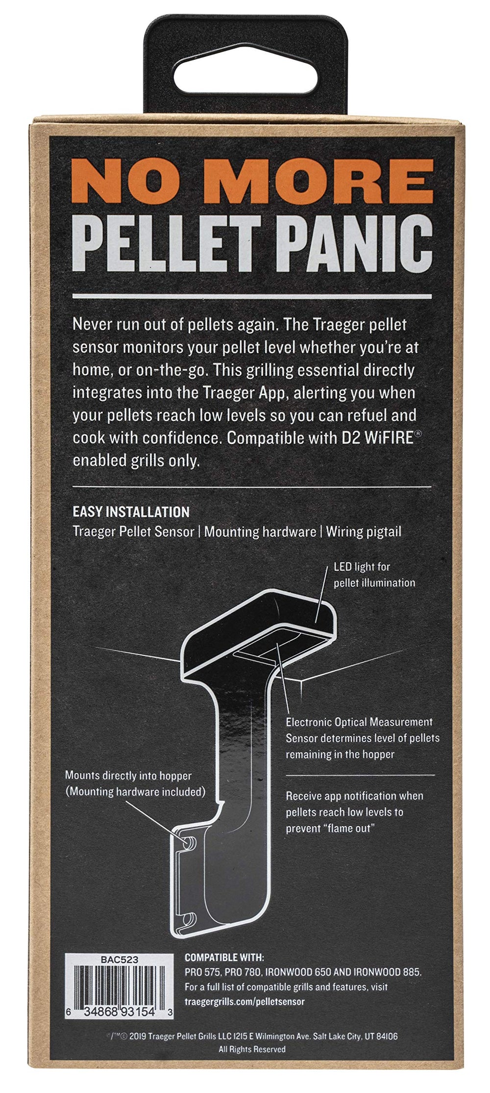 Traeger BAC523 mounted inside hopper with pellets, ensures continuous pellet tracking