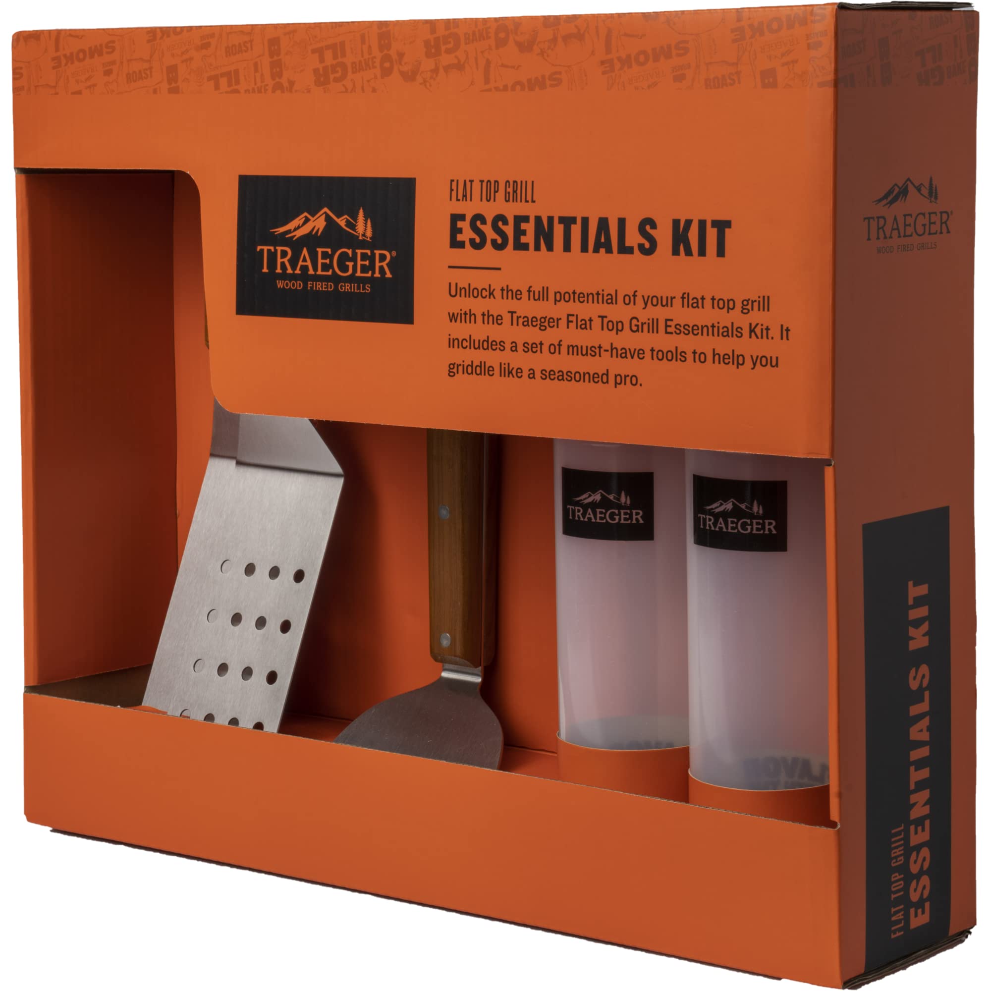 Traeger flat top kit front packaging showing all included tools for quick setup