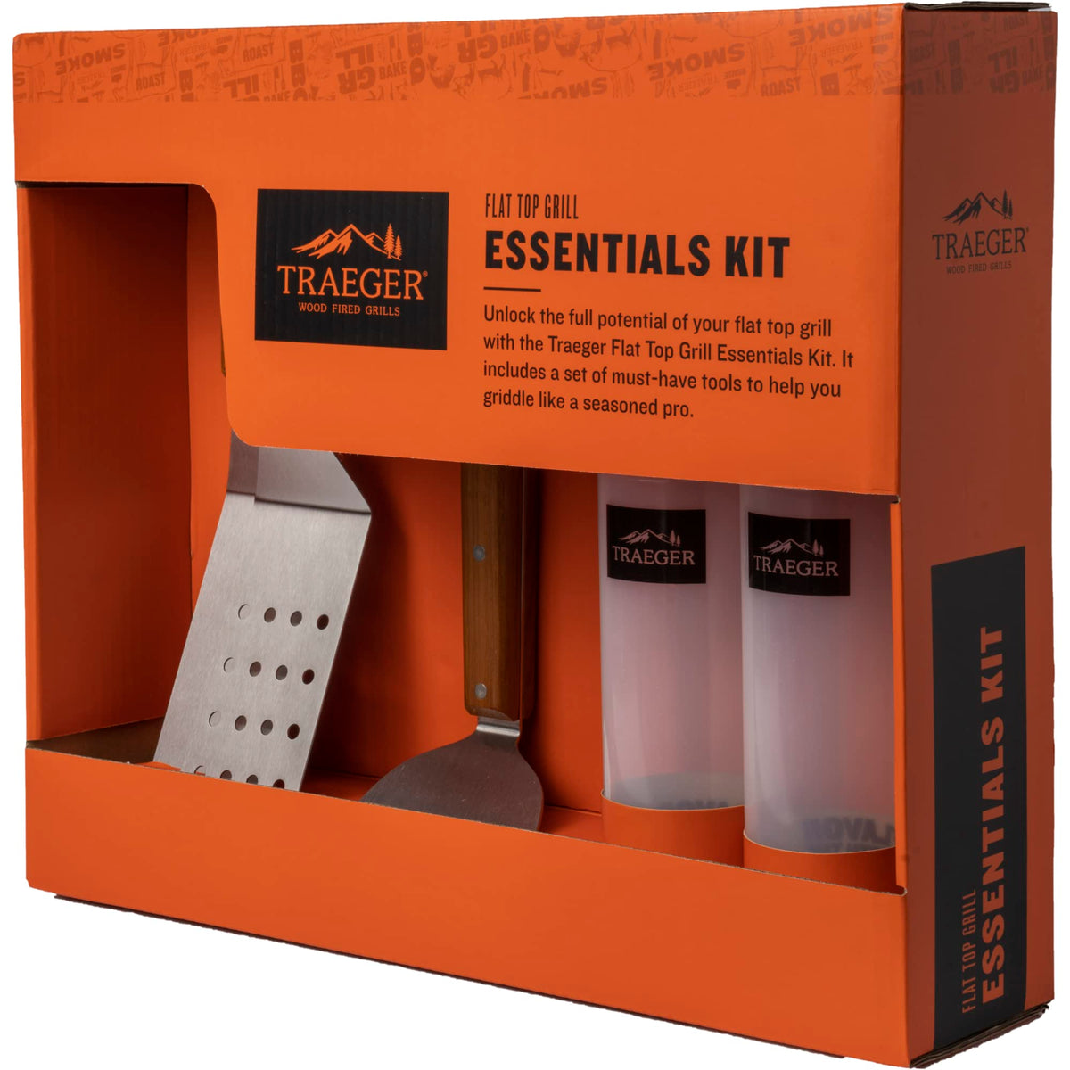Traeger flat top kit front packaging showing all included tools for quick setup