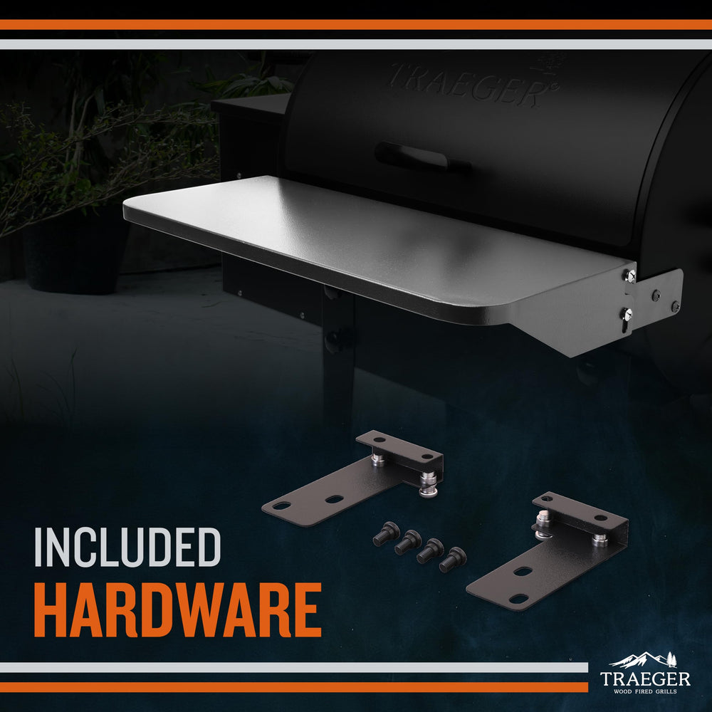 Traeger front shelf folded flat demonstrating compact storage and cover compatibility