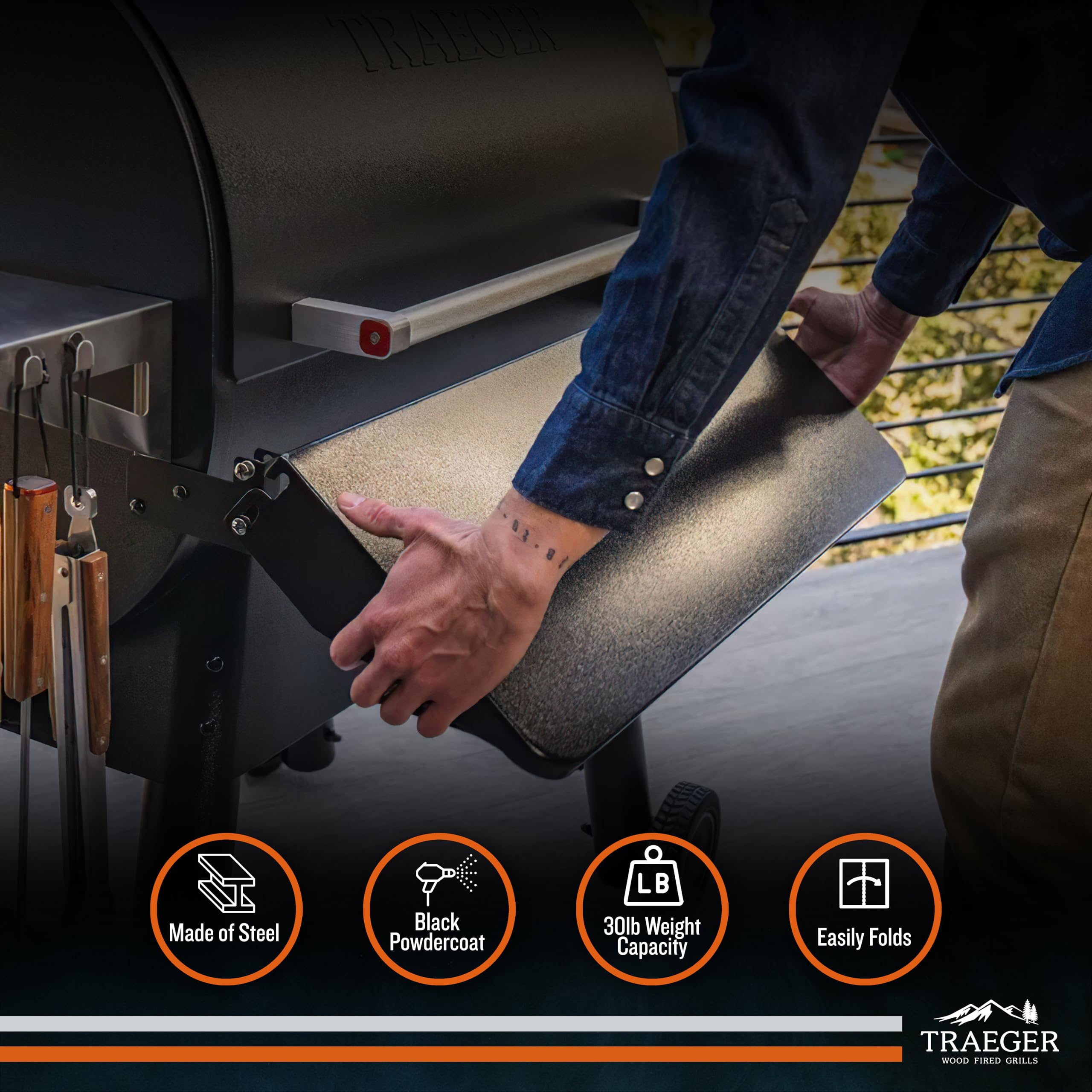 Traeger front shelf size comparison on grill showing workspace scale