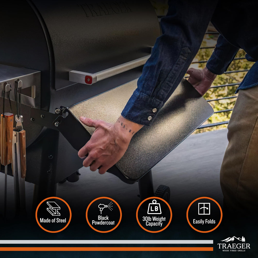 Traeger front shelf size comparison on grill showing workspace scale