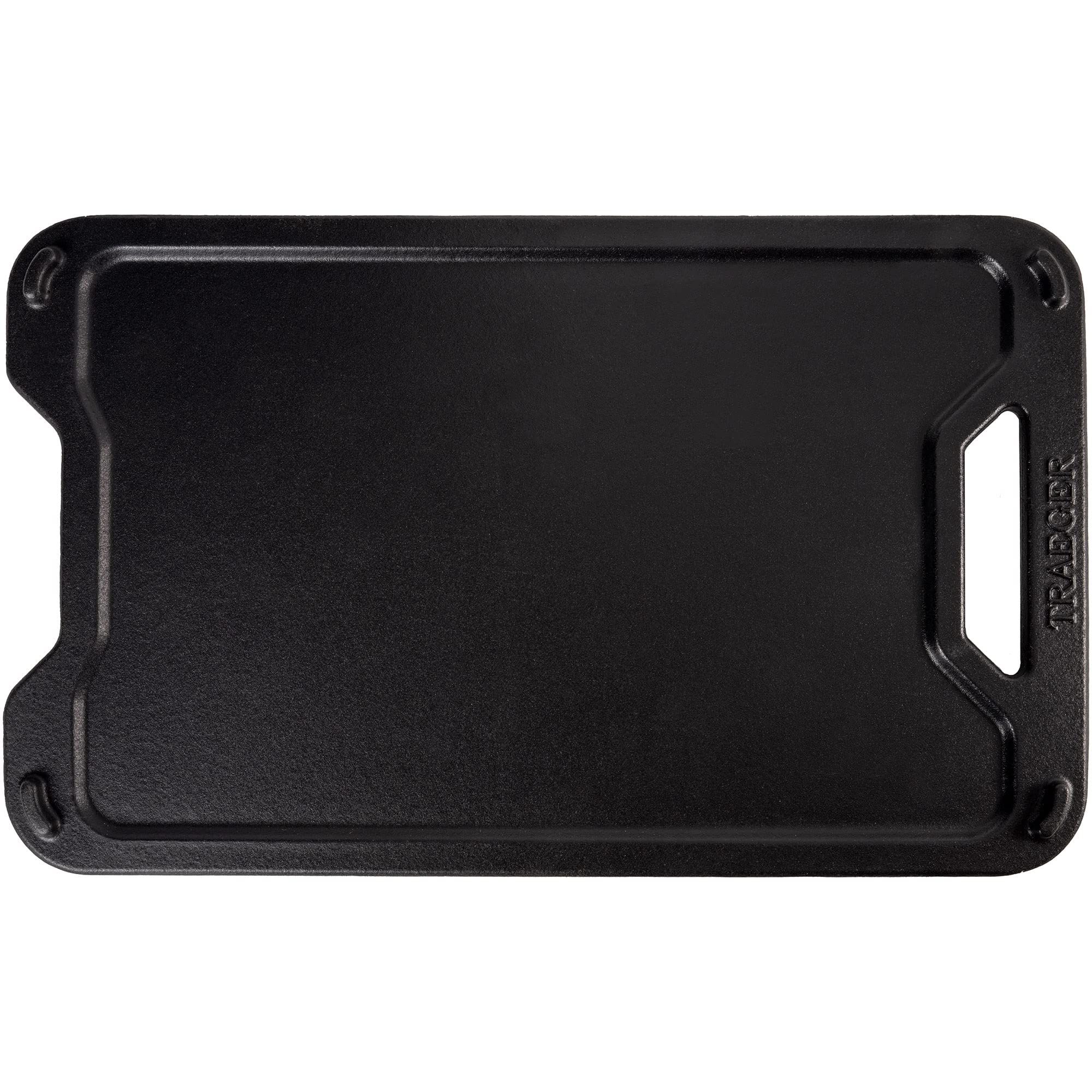 Traeger ModiFIRE cast iron griddle front view showing durable enamel finish and versatile cooking