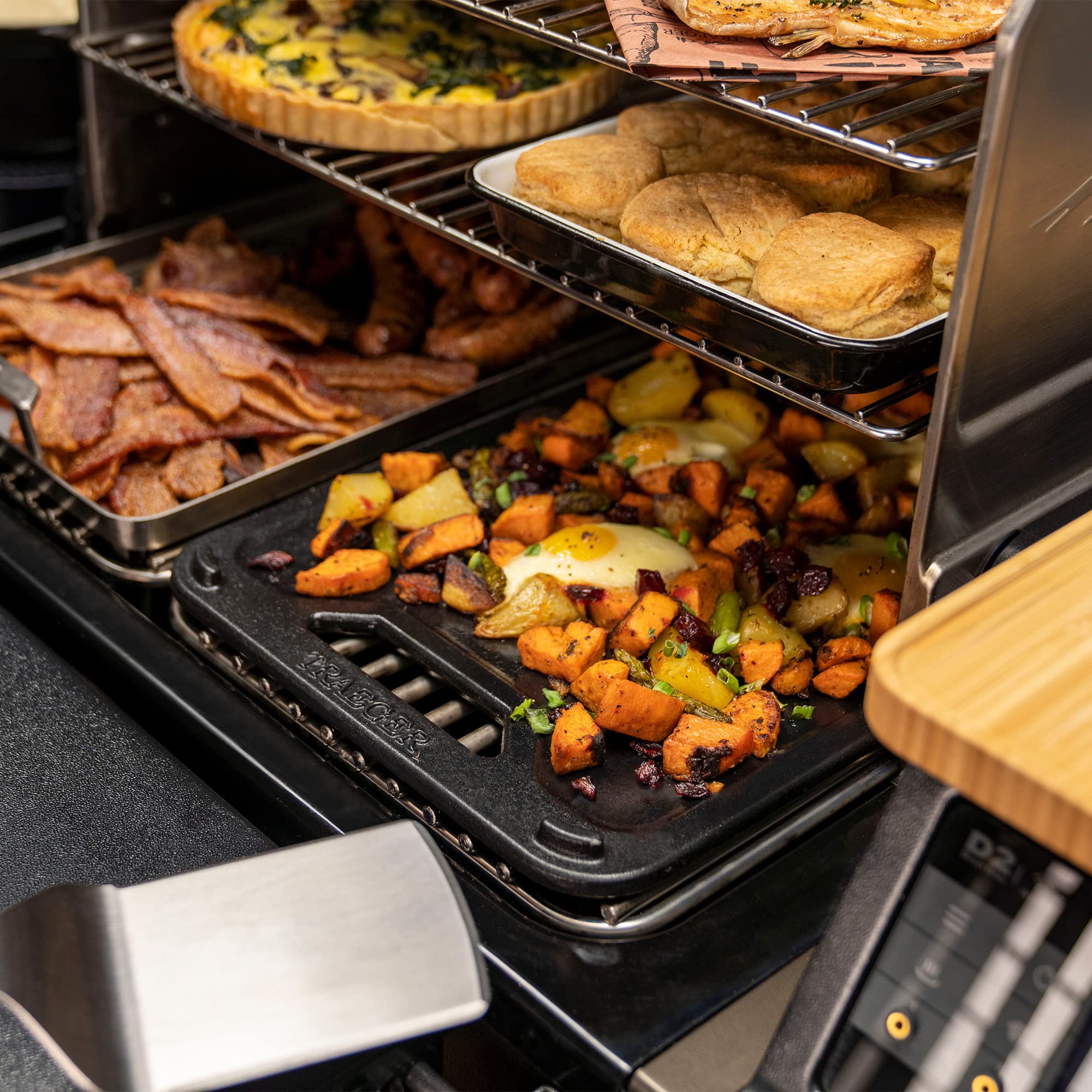 Traeger ModiFIRE griddle ridged side closeup highlighting sear marks and concentrated heat