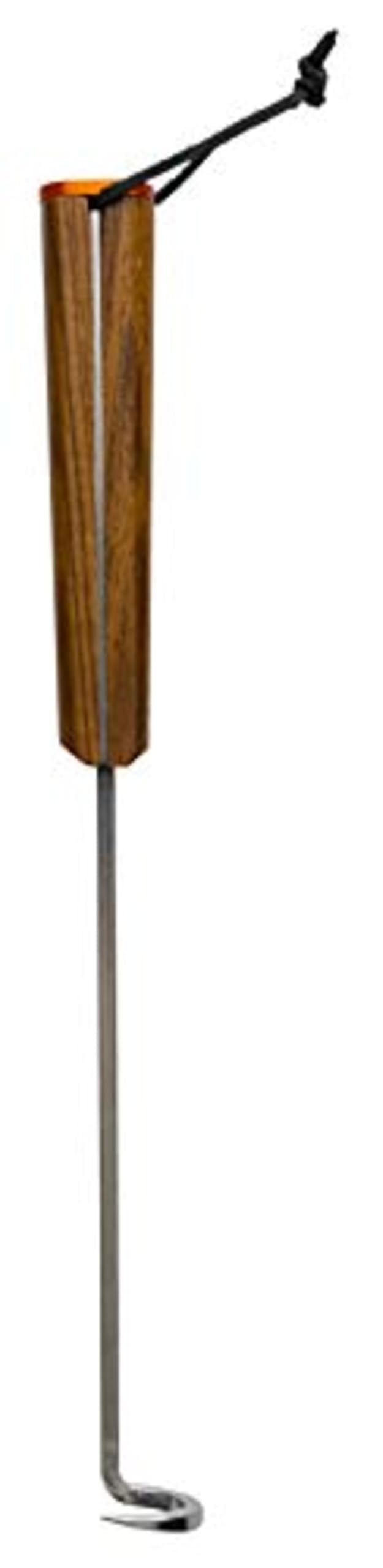 Traeger pig tail front view shows stainless hook and teak handle for precise flipping
