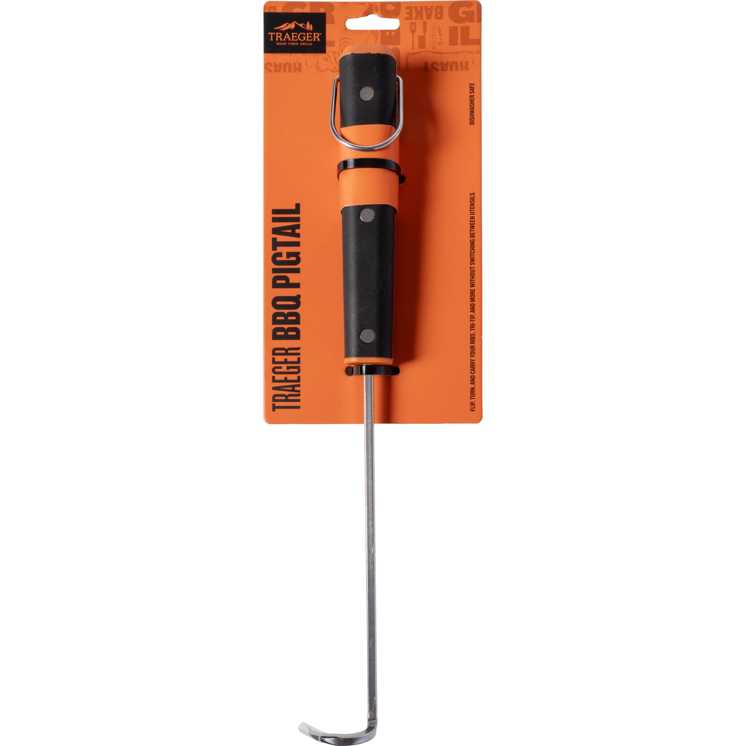 Traeger pig tail front view showing sturdy stainless-steel flipper benefit durability