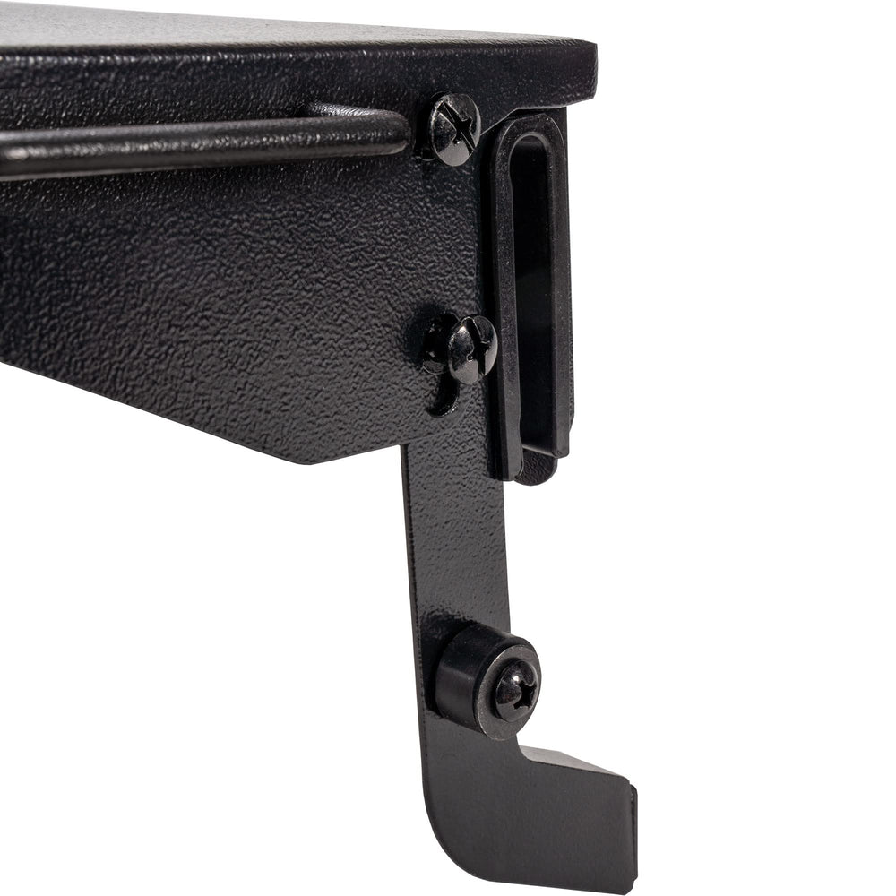 Traeger folded shelf stored flat on P.A.L. rail saving space