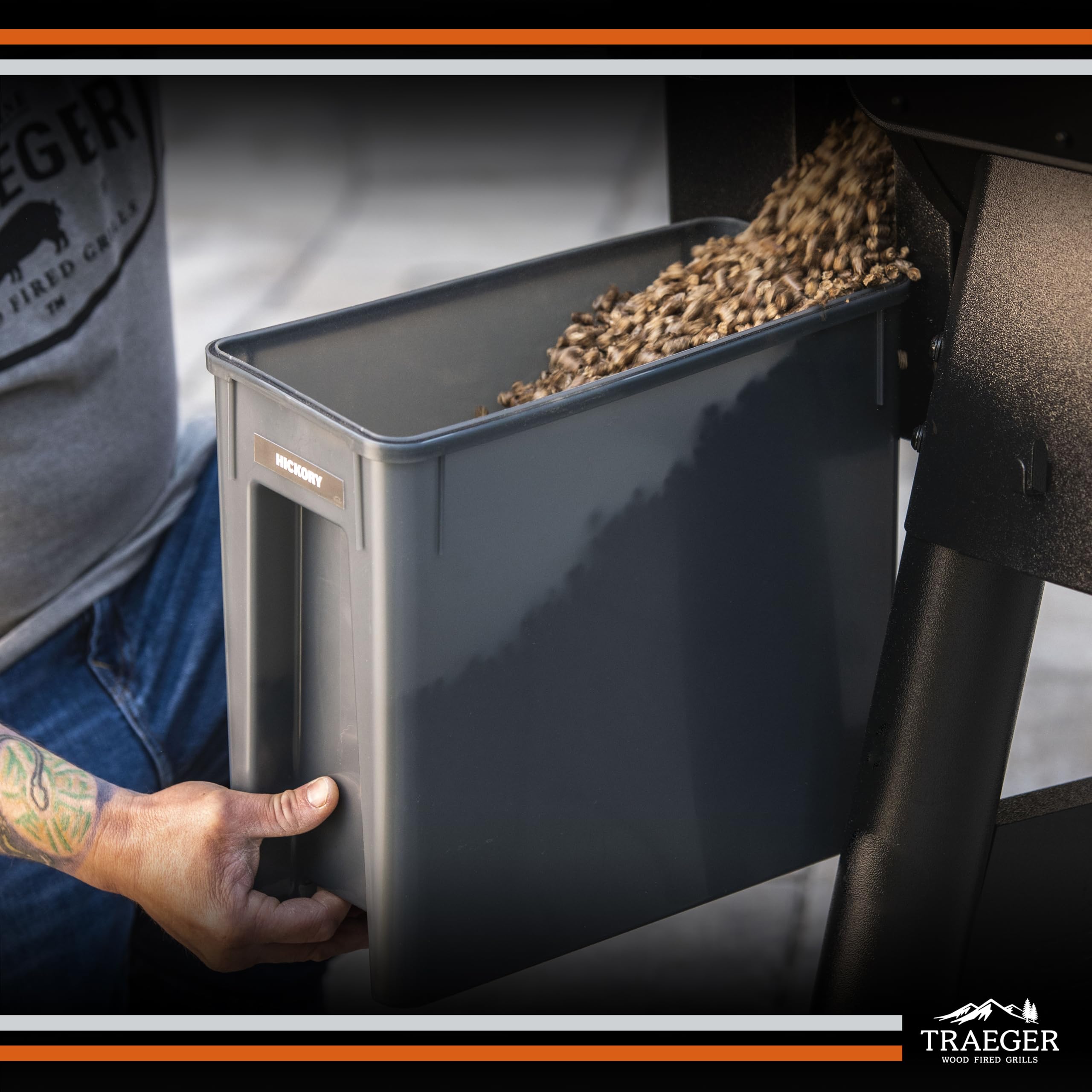 Traeger bin next to a 22lb pellet bag showing exact capacity benefit