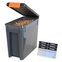 Traeger front view of bin showing compact storage and clear labeling benefit