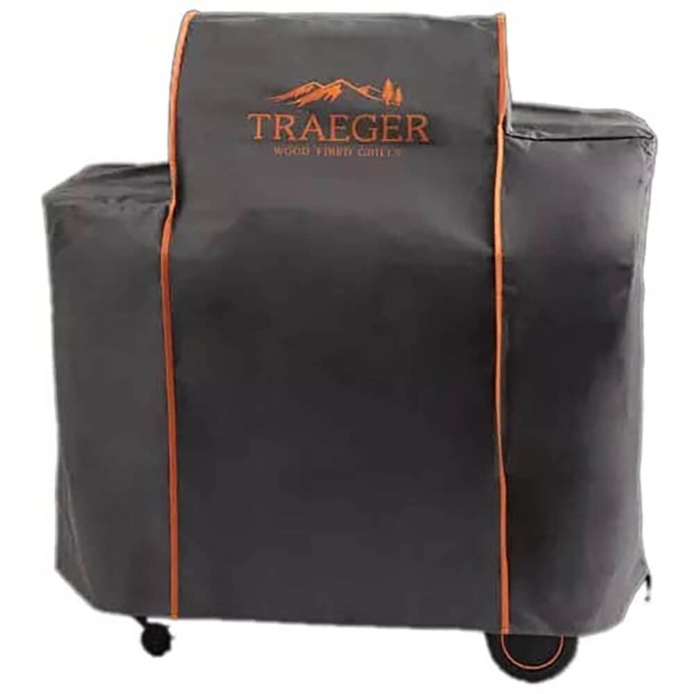 Traeger Timberline 850 front view with full-length cover protecting grill