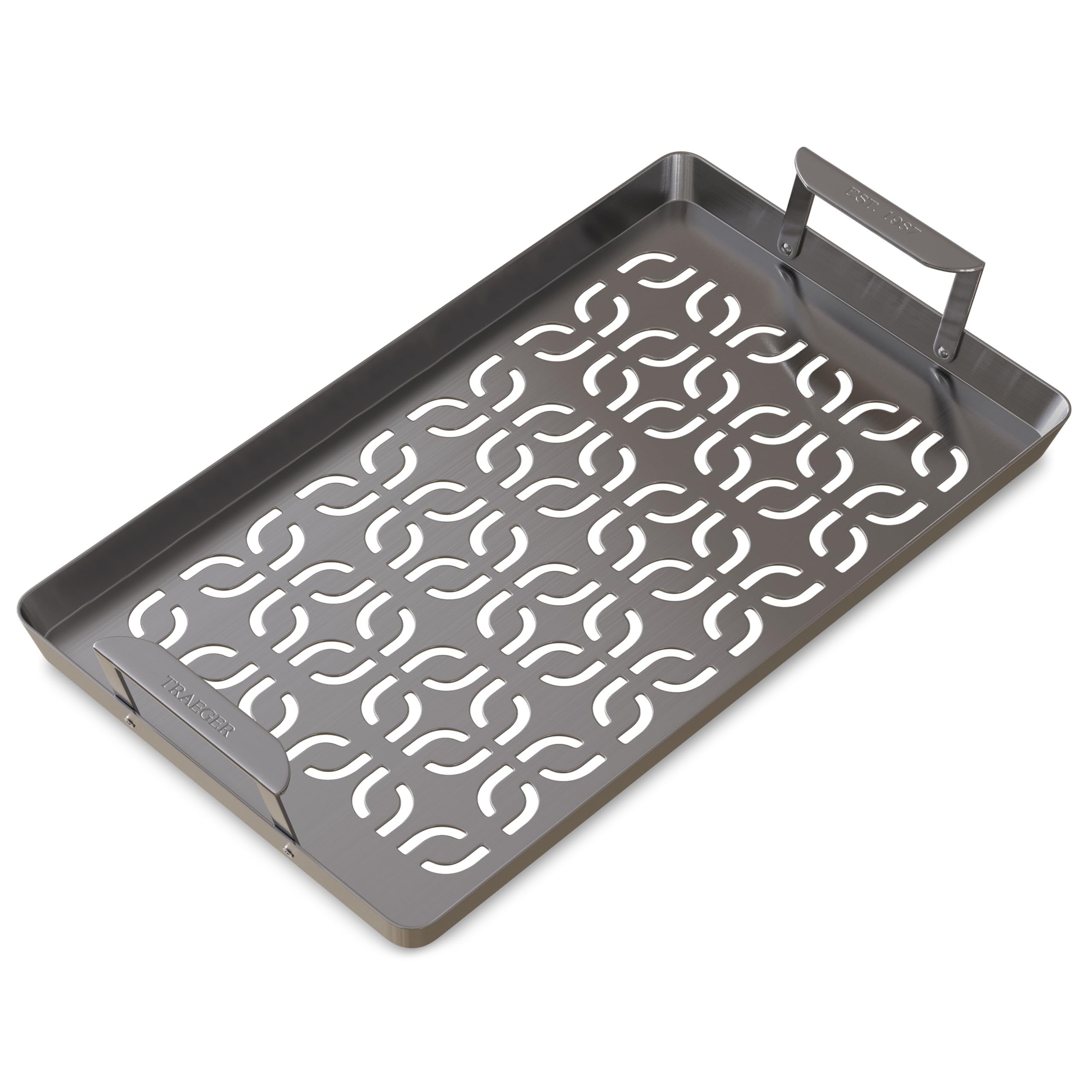 Traeger tray front view showing secure fit and durable finish for safer grilling