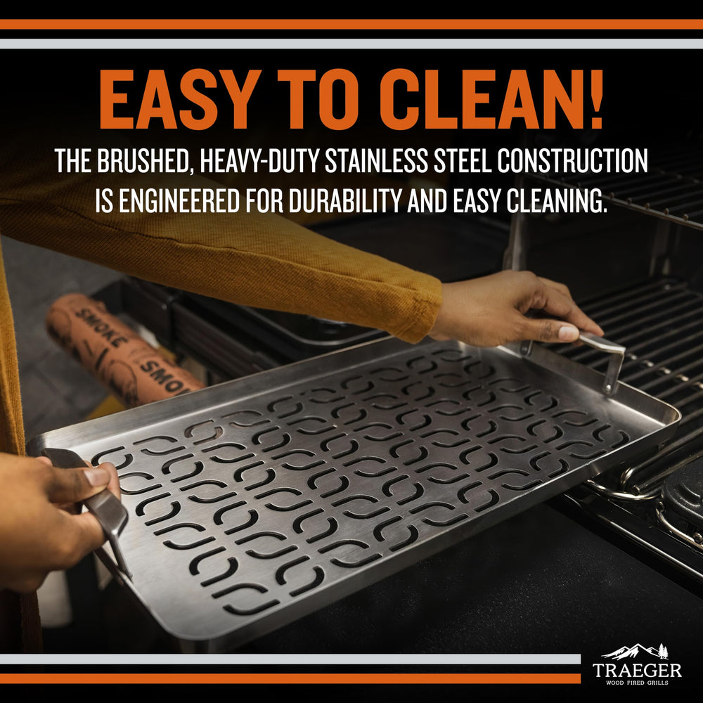 Traeger tray handles detail for safe lifting and precise placement benefit