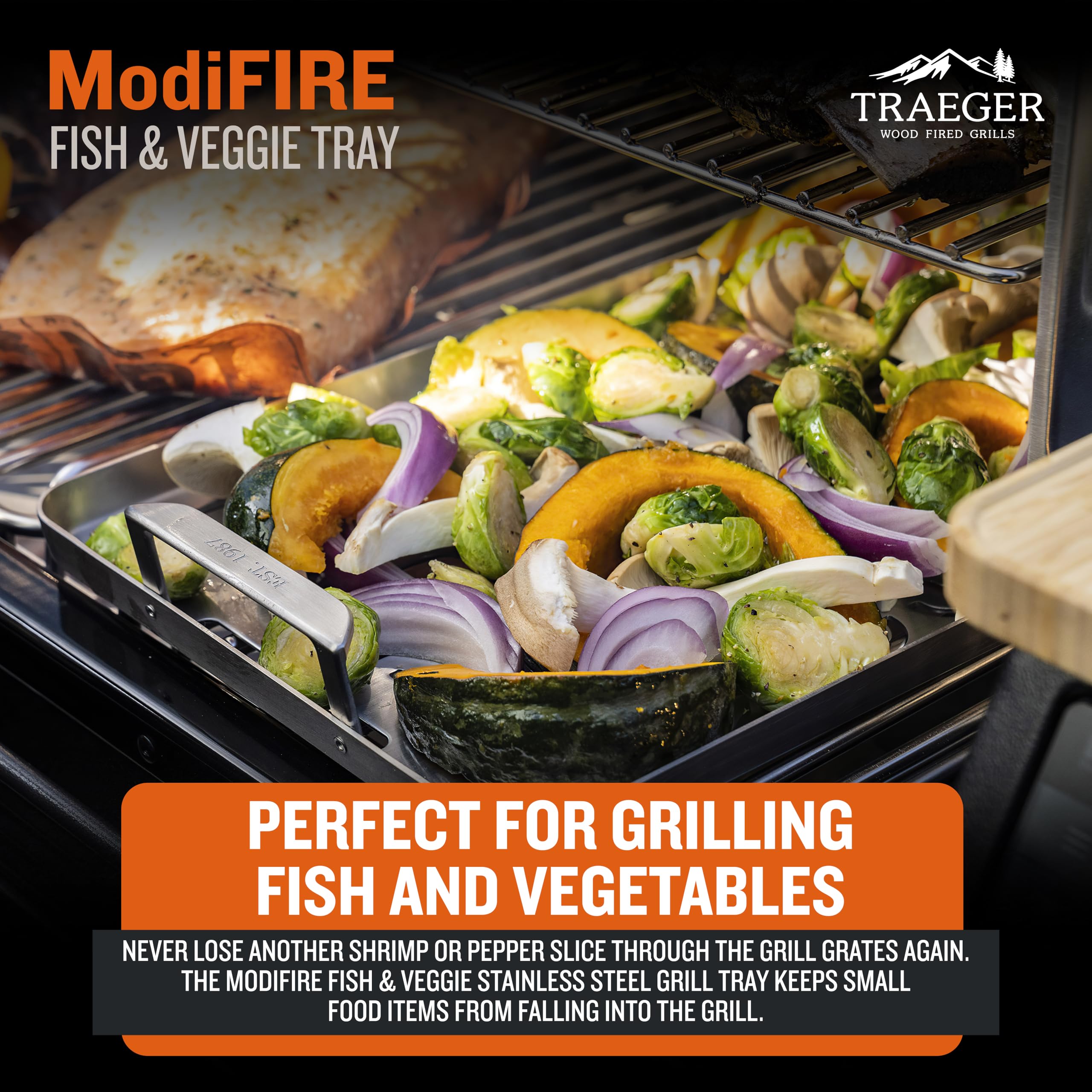Traeger tray cooking shrimp and vegetables demonstrating even searing benefit