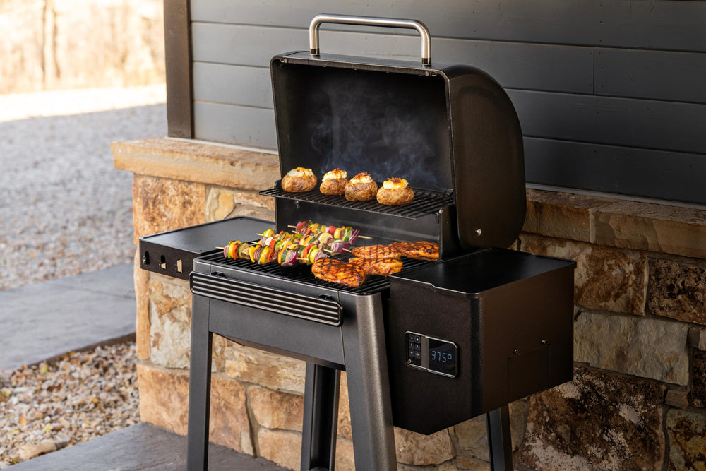 Traeger Westwood close-up searing burgers demonstrating high-heat performance