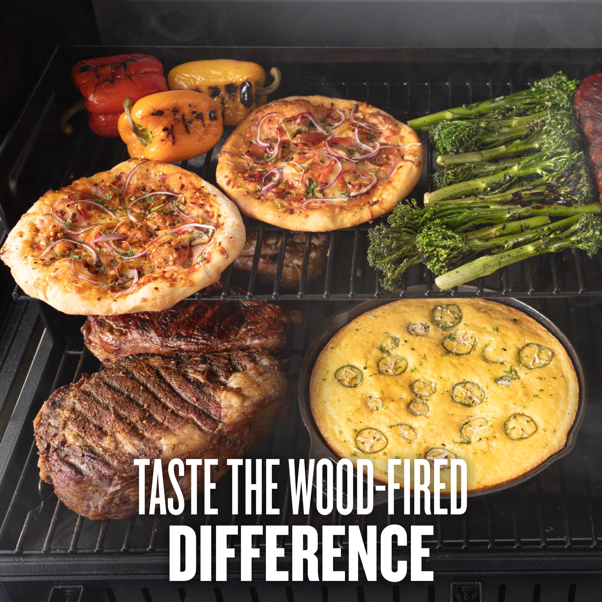 Traeger Woodridge open grates detail showing cooking surfaces and even heat benefits