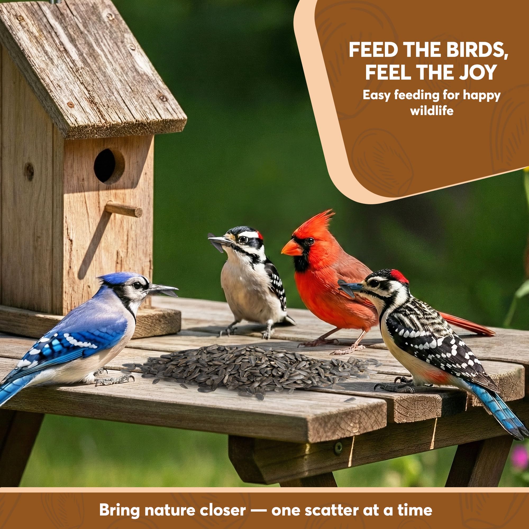TRAILMARK NATURALS bag on a backyard table with birds at feeders, encouraging wildlife