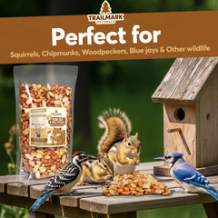 Trailmark Naturals peanuts in a mesh feeder attracting a squirrel with easy access
