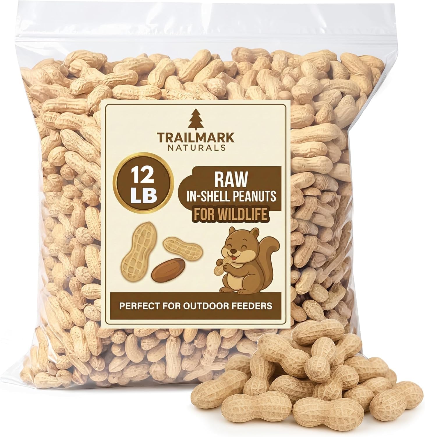 TRAILMARK NATURALS front packaging of 12 lb raw in-shell peanuts showing bag