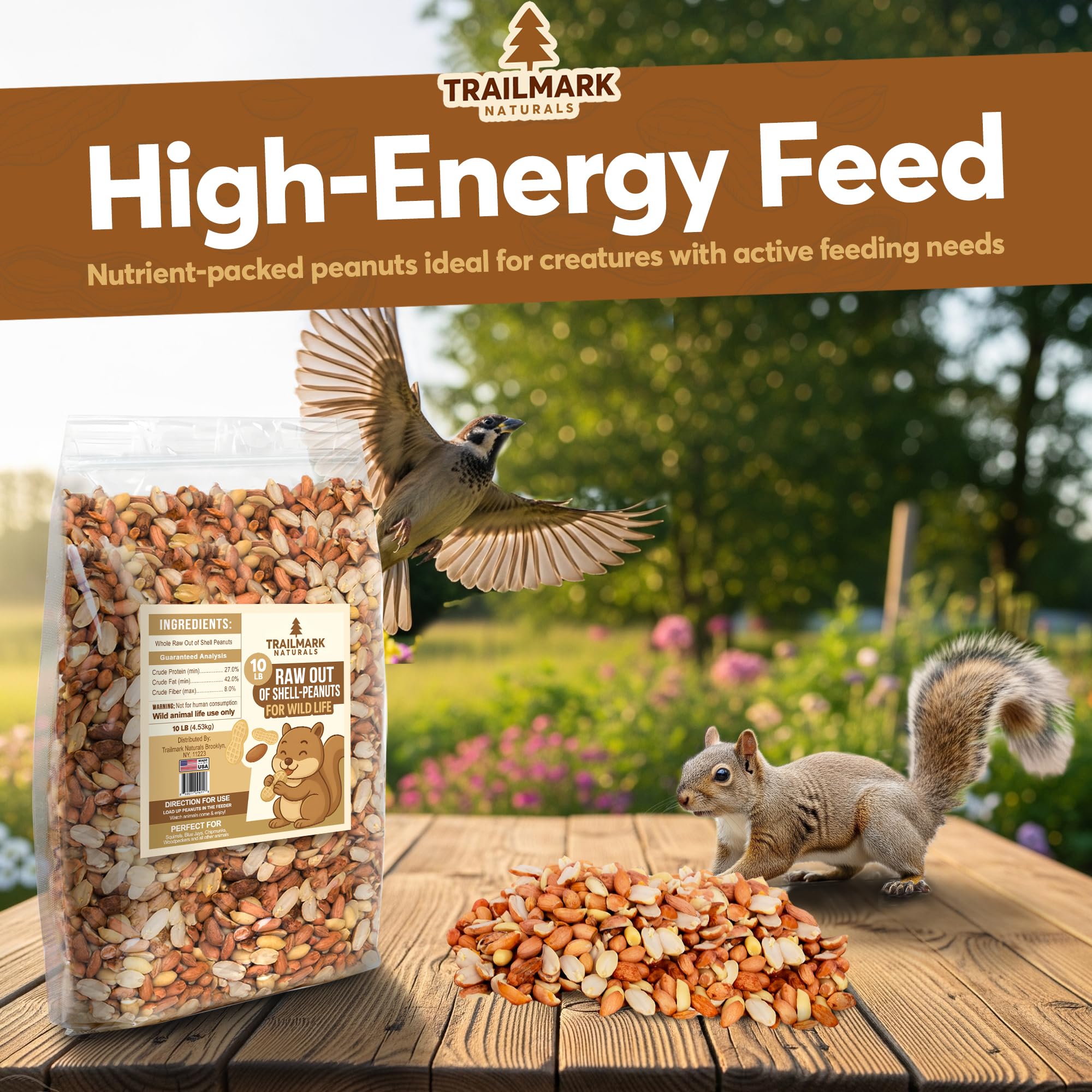 Trailmark Naturals peanuts on a backyard platform feeder showing inviting bird activity