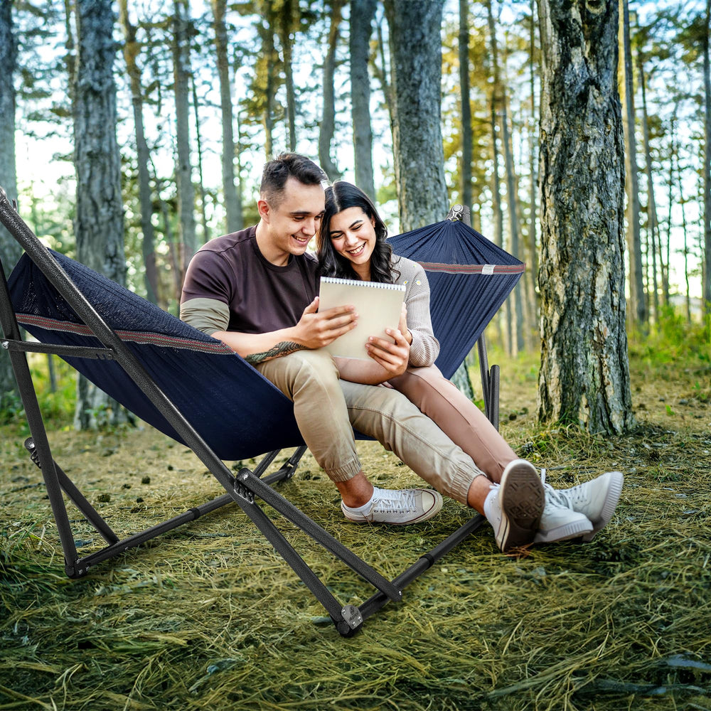 Tranquillo hammock next to chair for scale showing full-size fit