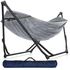 Tranquillo front view of hammock and steel stand showing sturdy setup and comfort