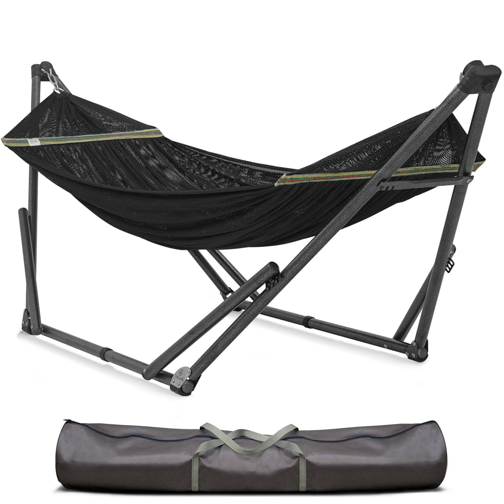 Tranquillo Uniki front view showing assembled black stand and hammock comfort
