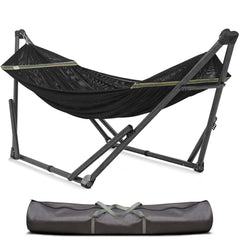 Tranquillo Uniki front view showing assembled black stand and hammock comfort