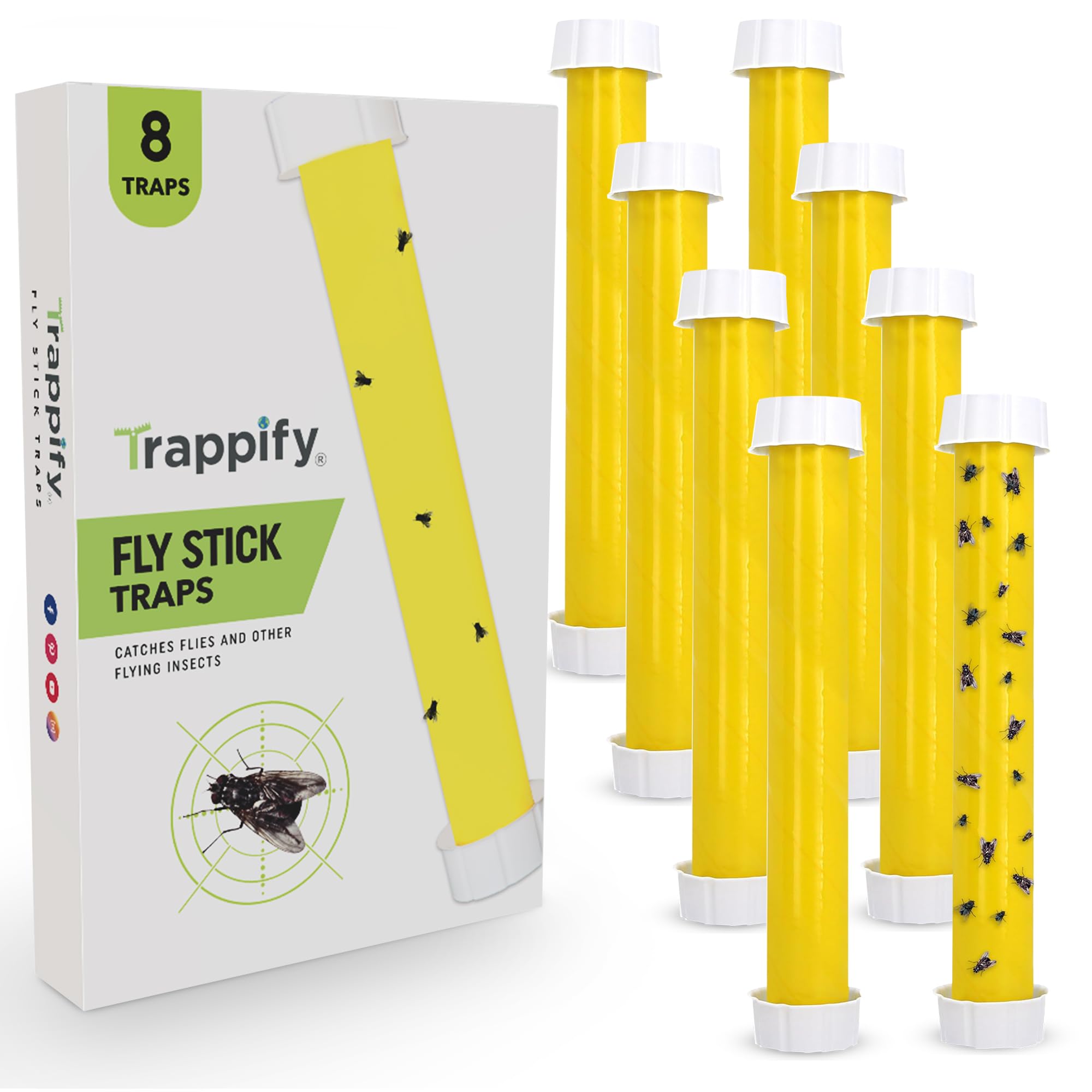 Trappify front packaging showing eight yellow hanging fly traps and benefits