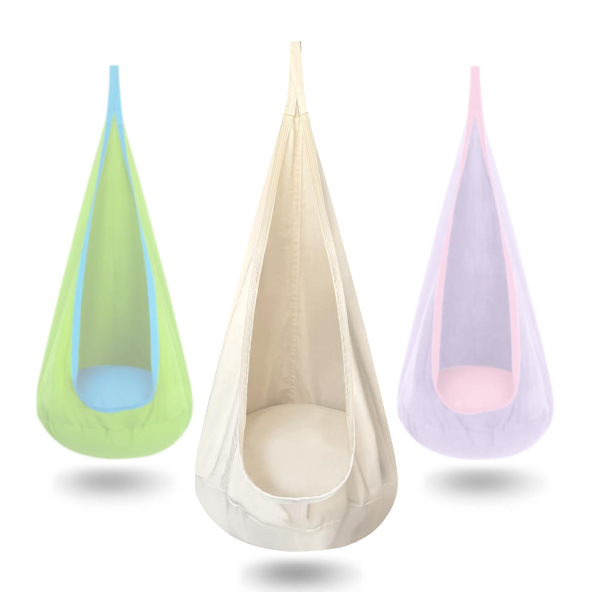 TRAVELBAIC front view of cream pod swing showing cozy seating and shape benefit