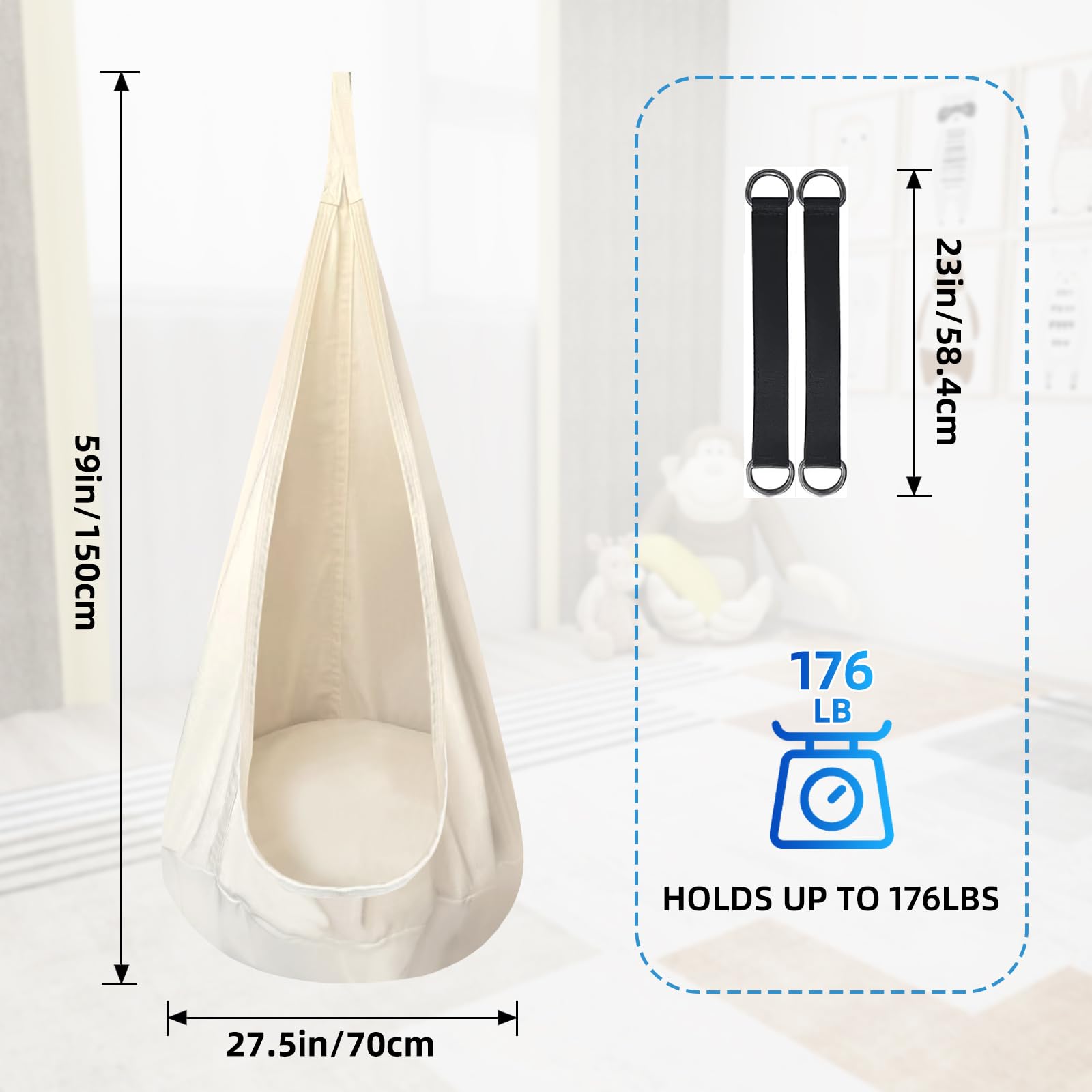 TRAVELBAIC pod swing next to ruler demonstrating 59x27.5 inch size for fit
