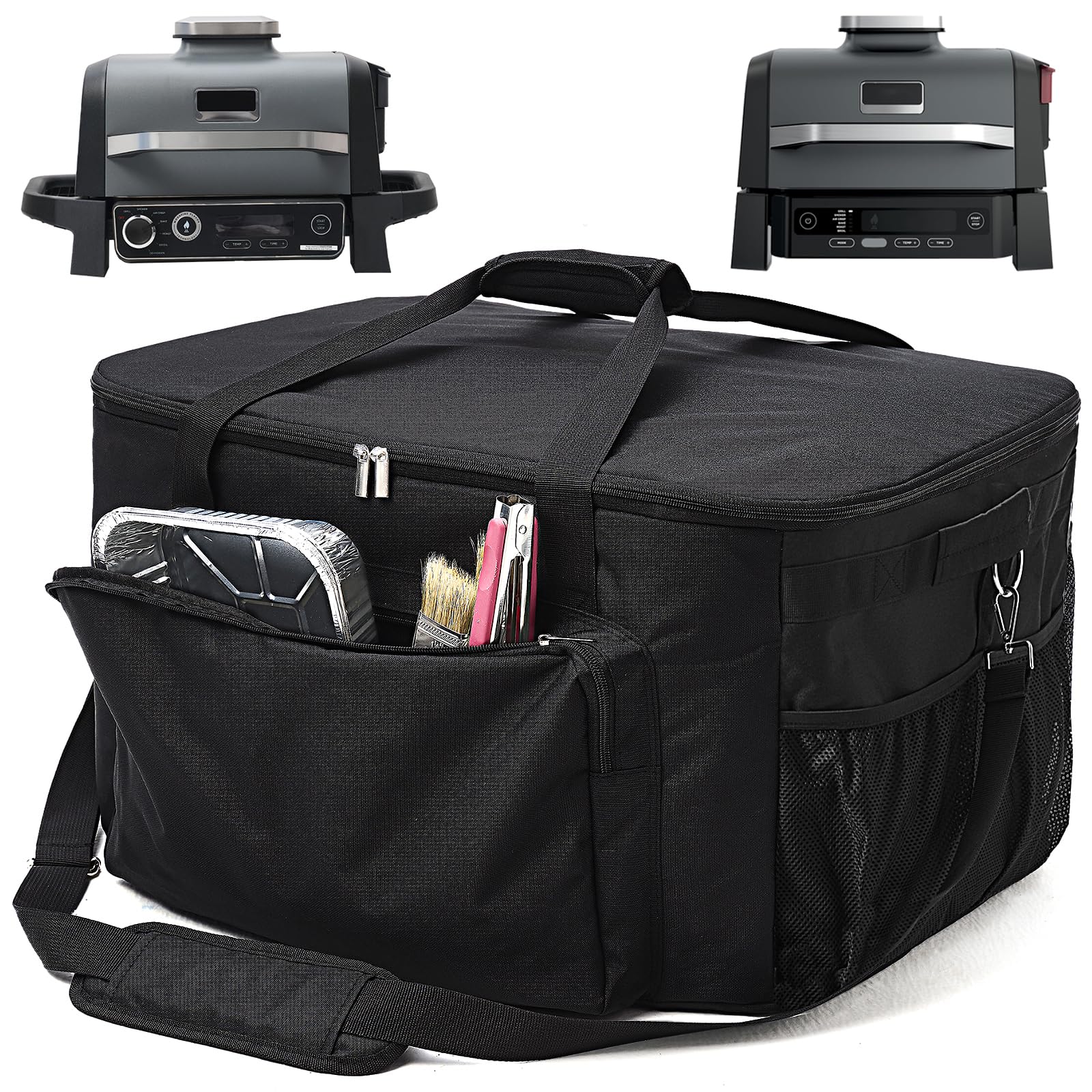 TRAVELIT front view of bag showing fit for Ninja Woodfire grill and secure transport