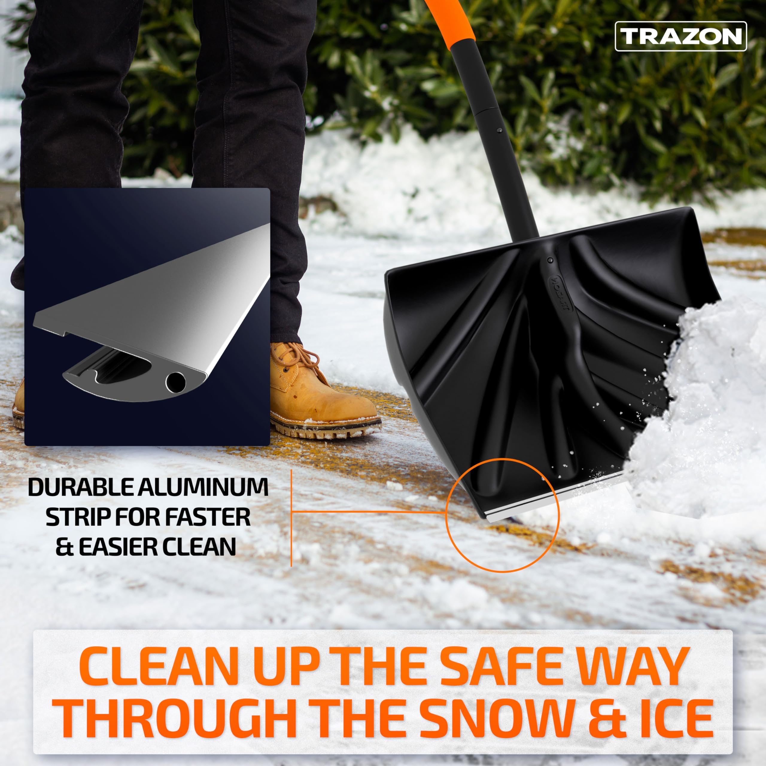 Trazon shovel in use pushing driveway snow for faster clearing