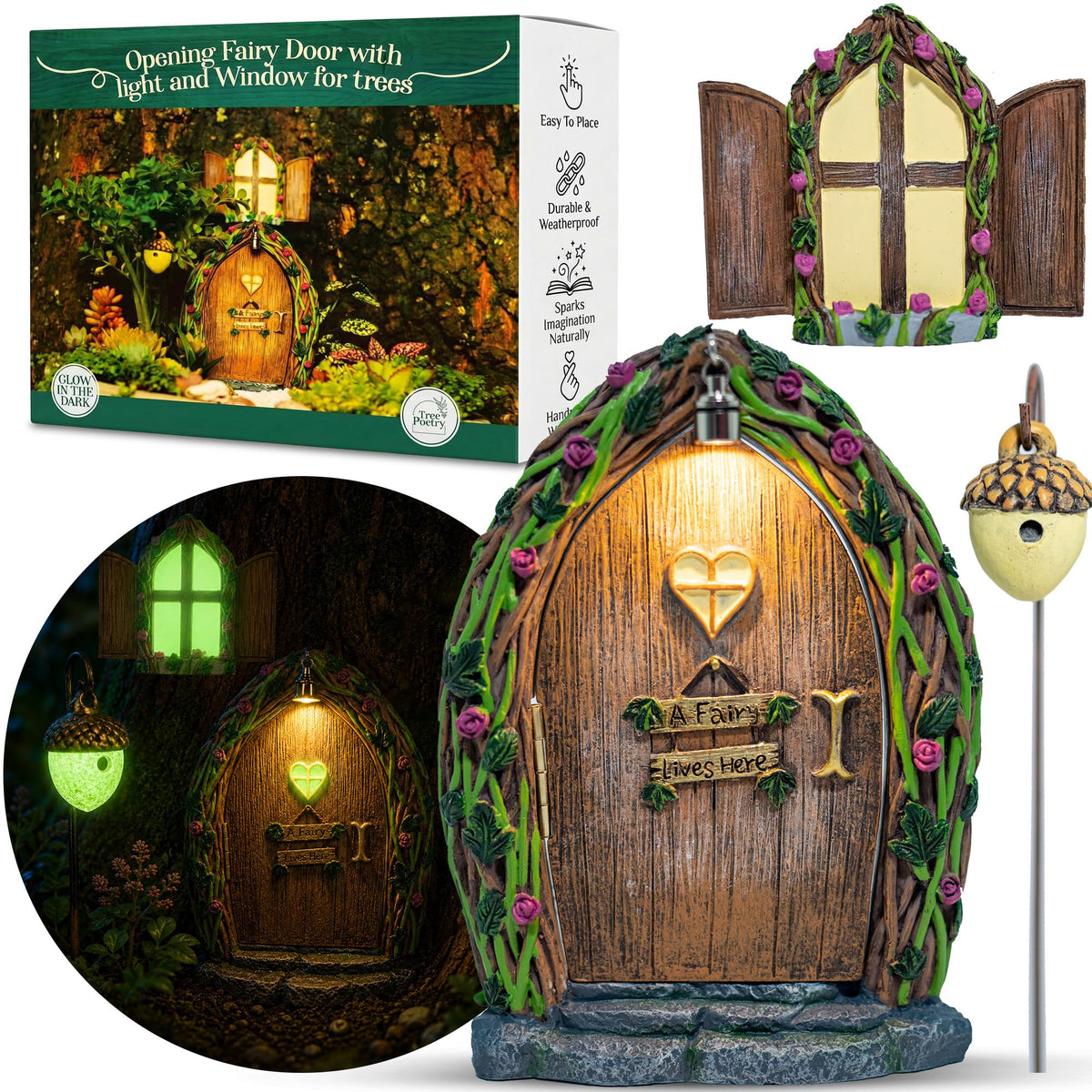 Tree Poetry front view of fairy door kit, adds whimsical garden charm