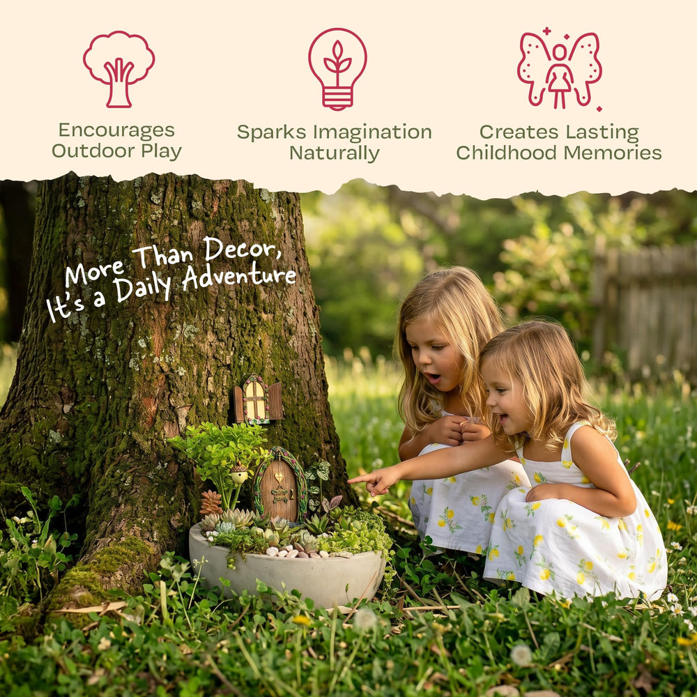 Tree Poetry fairy door shown with child hand for size and play inspiration